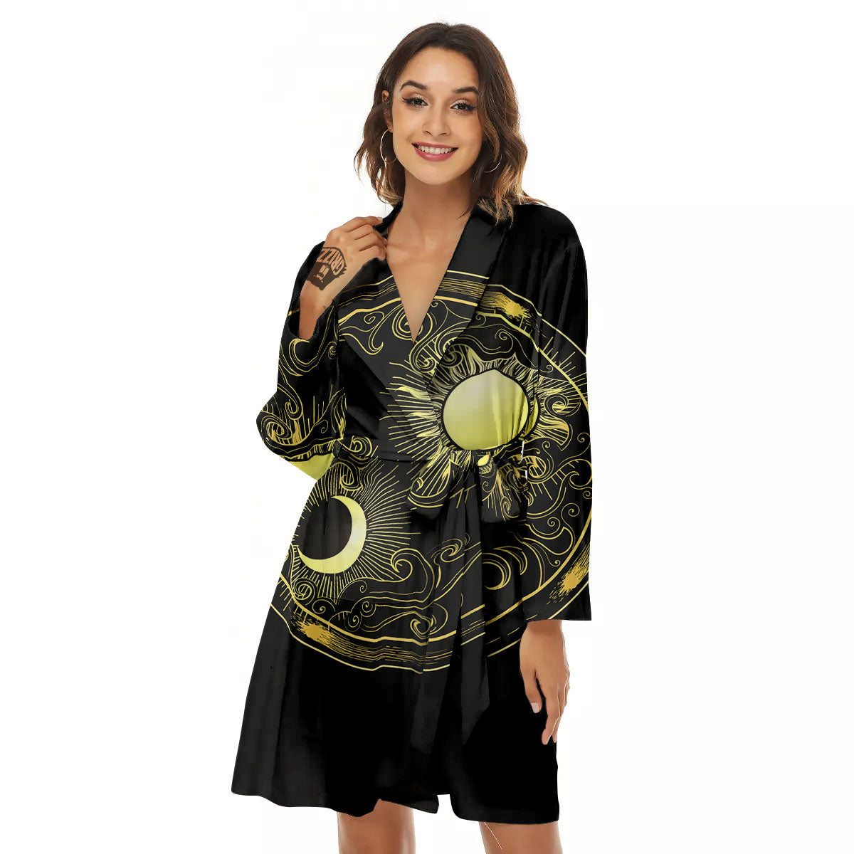Sun And Gold Moon Print Women's Robe-grizzshop