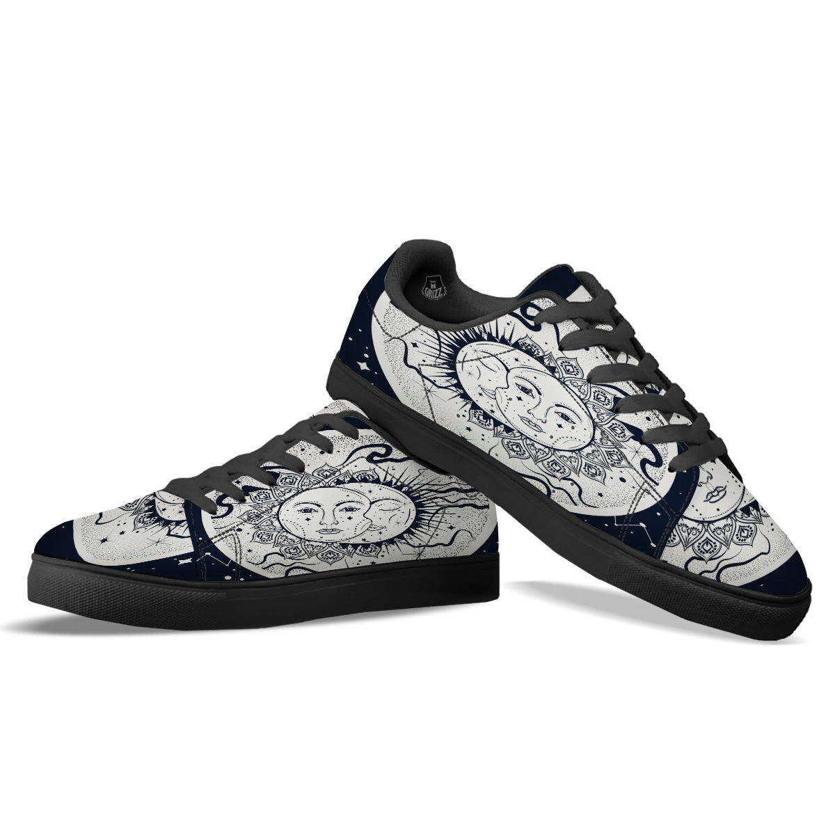 Sun And Moon Bohemian Celestial Print Black Low Top Sneakers-grizzshop