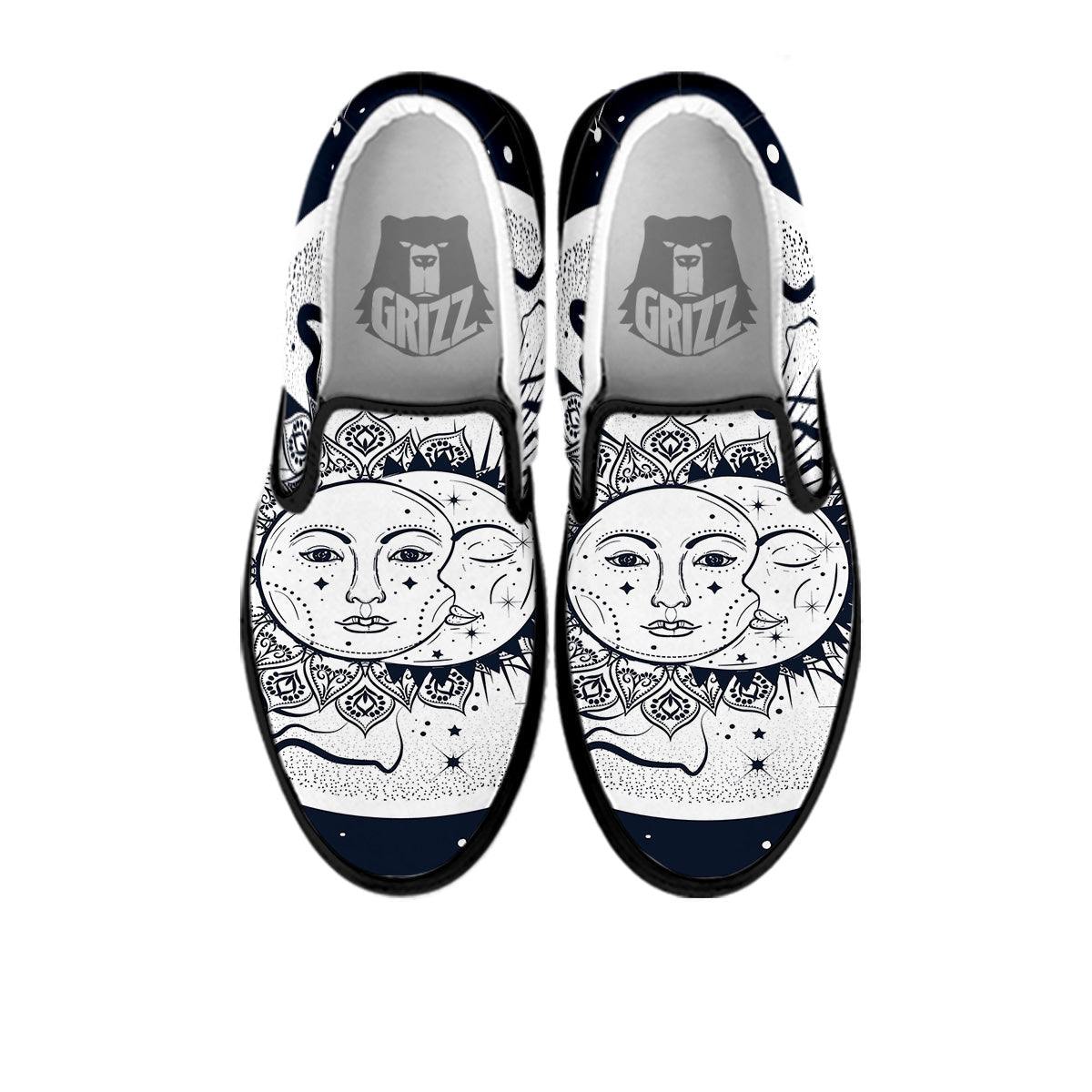 Sun And Moon Bohemian Celestial Print Black Slip On Shoes-grizzshop