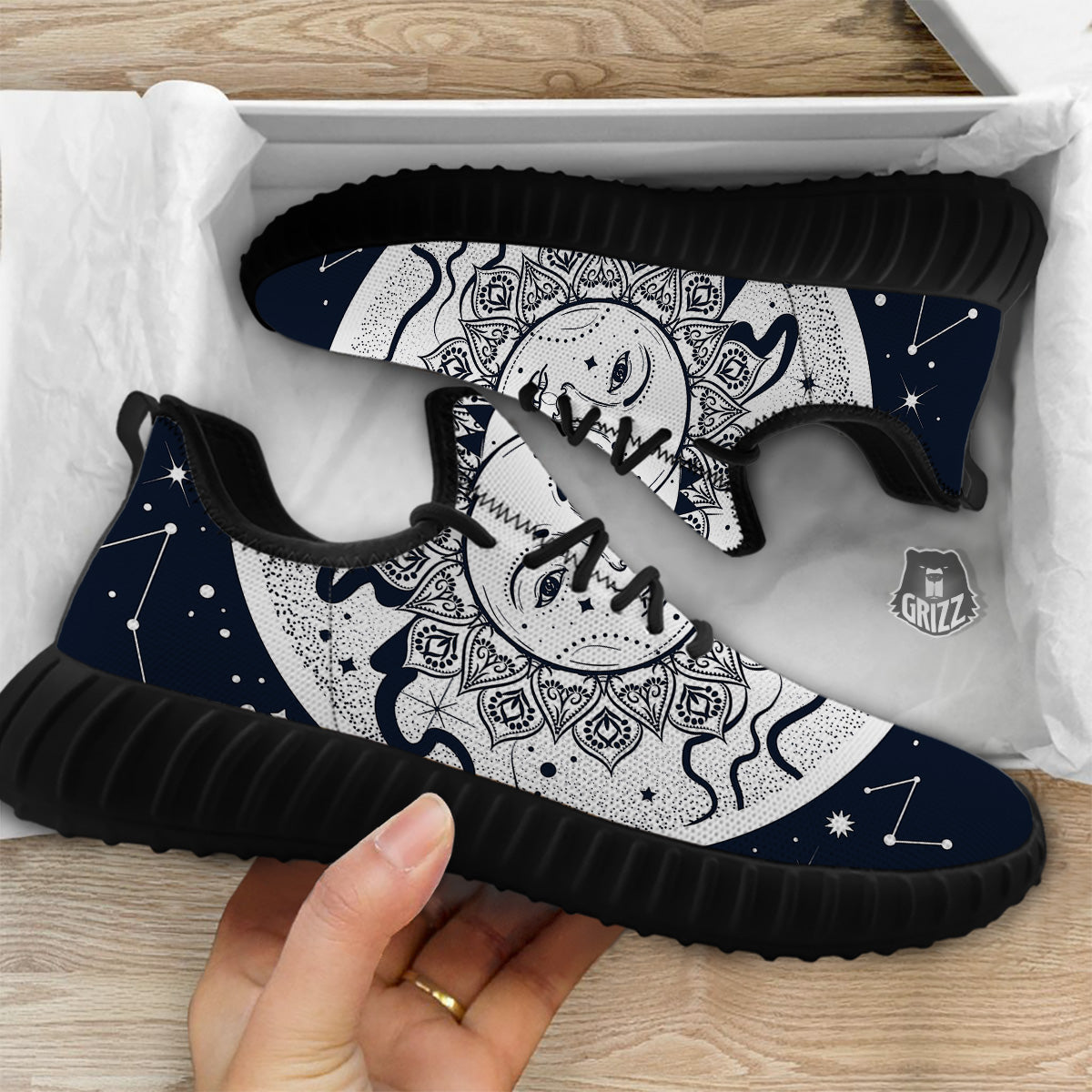 Sun And Moon Bohemian Celestial Print Black Walking Shoes-grizzshop
