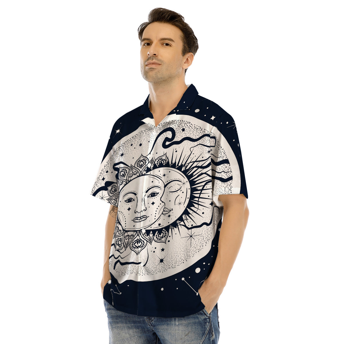 Sun And Moon Bohemian Celestial Print Men's Hawaiian Shirt-grizzshop