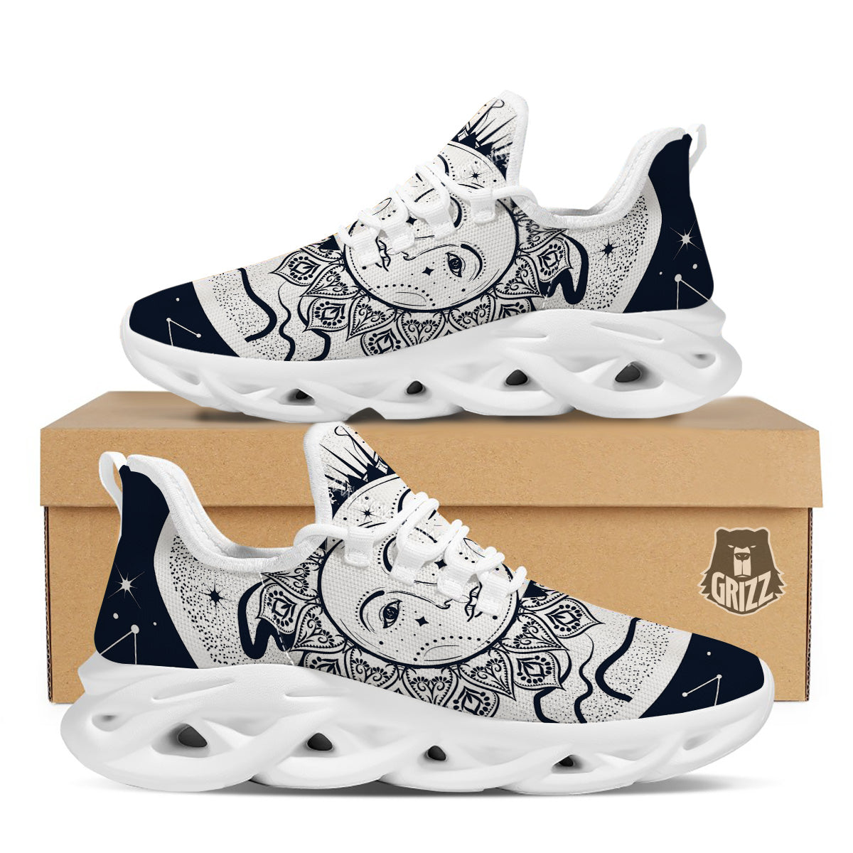 Sun And Moon Bohemian Celestial Print White Running Shoes-grizzshop
