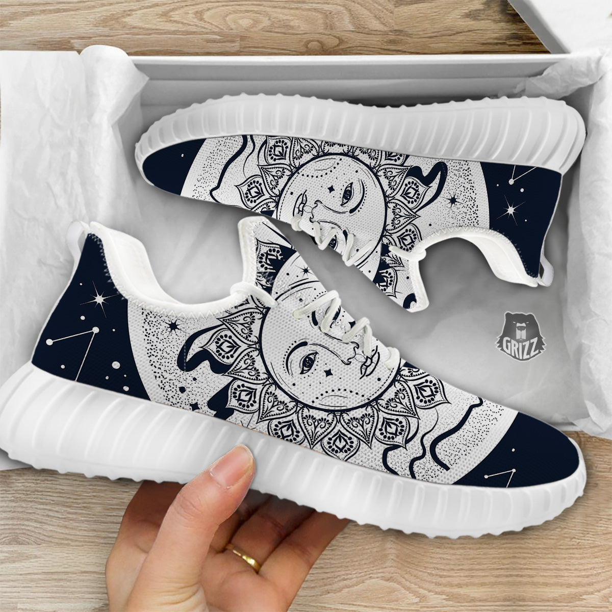 Sun And Moon Bohemian Celestial Print White Walking Shoes-grizzshop