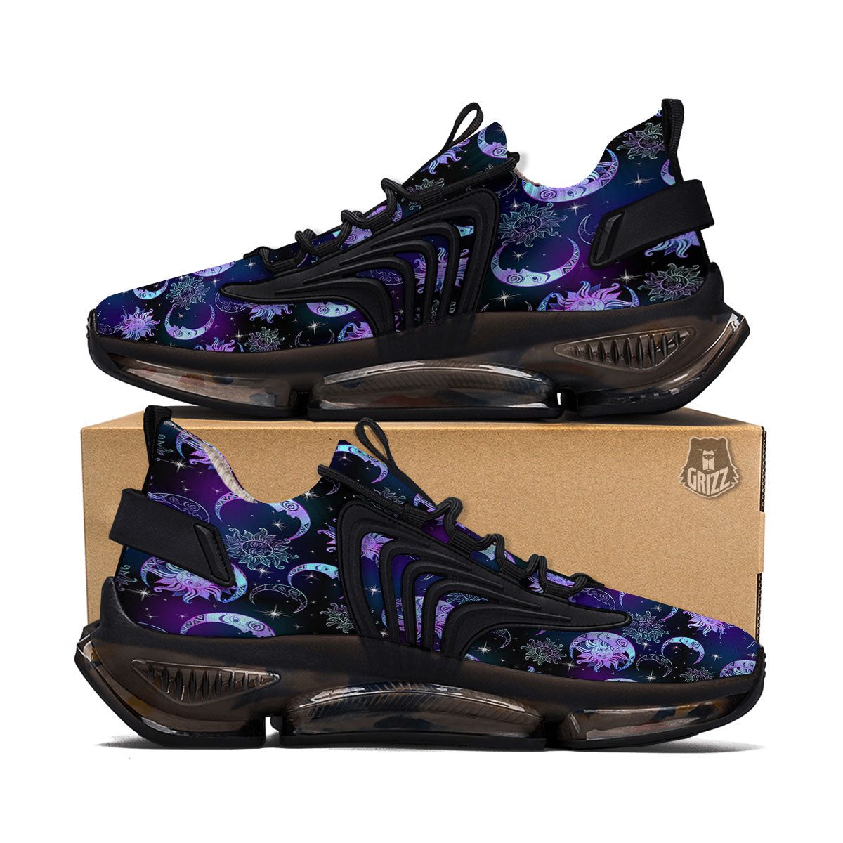 Sun And Moon Galaxy Celestial Print Black Gym Shoes-grizzshop