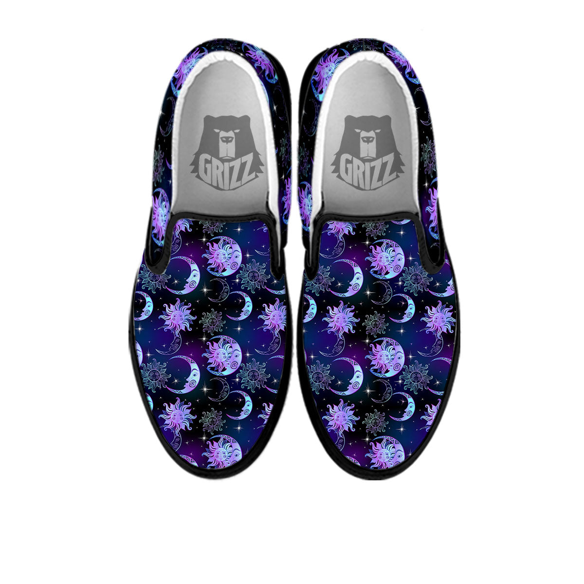 Sun And Moon Galaxy Celestial Print Black Slip On Shoes-grizzshop