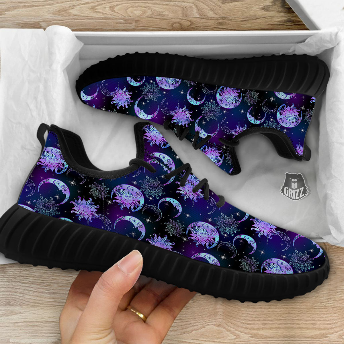 Sun And Moon Galaxy Celestial Print Black Walking Shoes-grizzshop