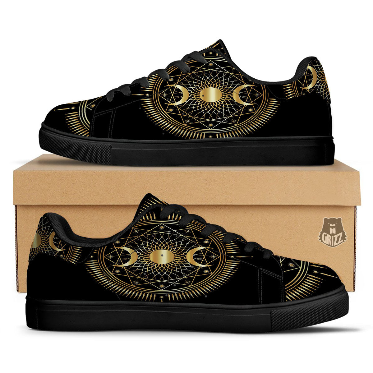 Sun And Moon Geometric Celestial Print Black Low Top Sneakers-grizzshop