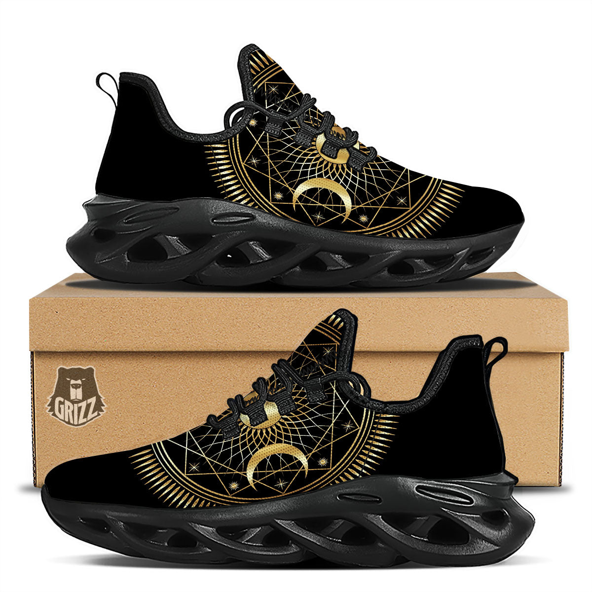Sun And Moon Geometric Celestial Print Black Running Shoes-grizzshop