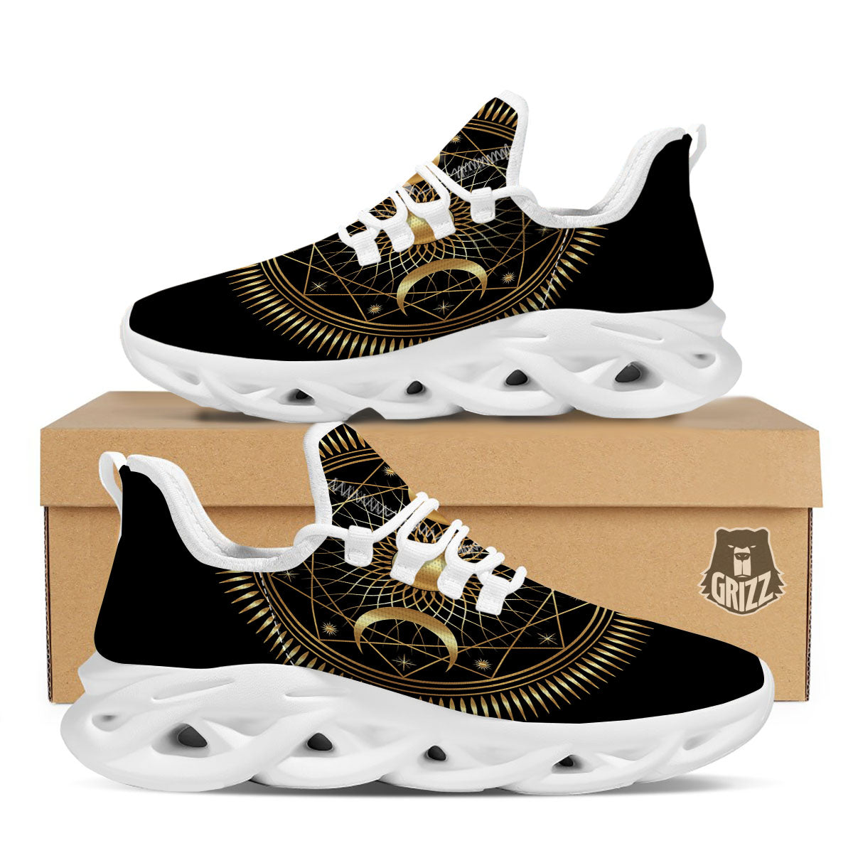 Sun And Moon Geometric Celestial Print White Running Shoes-grizzshop