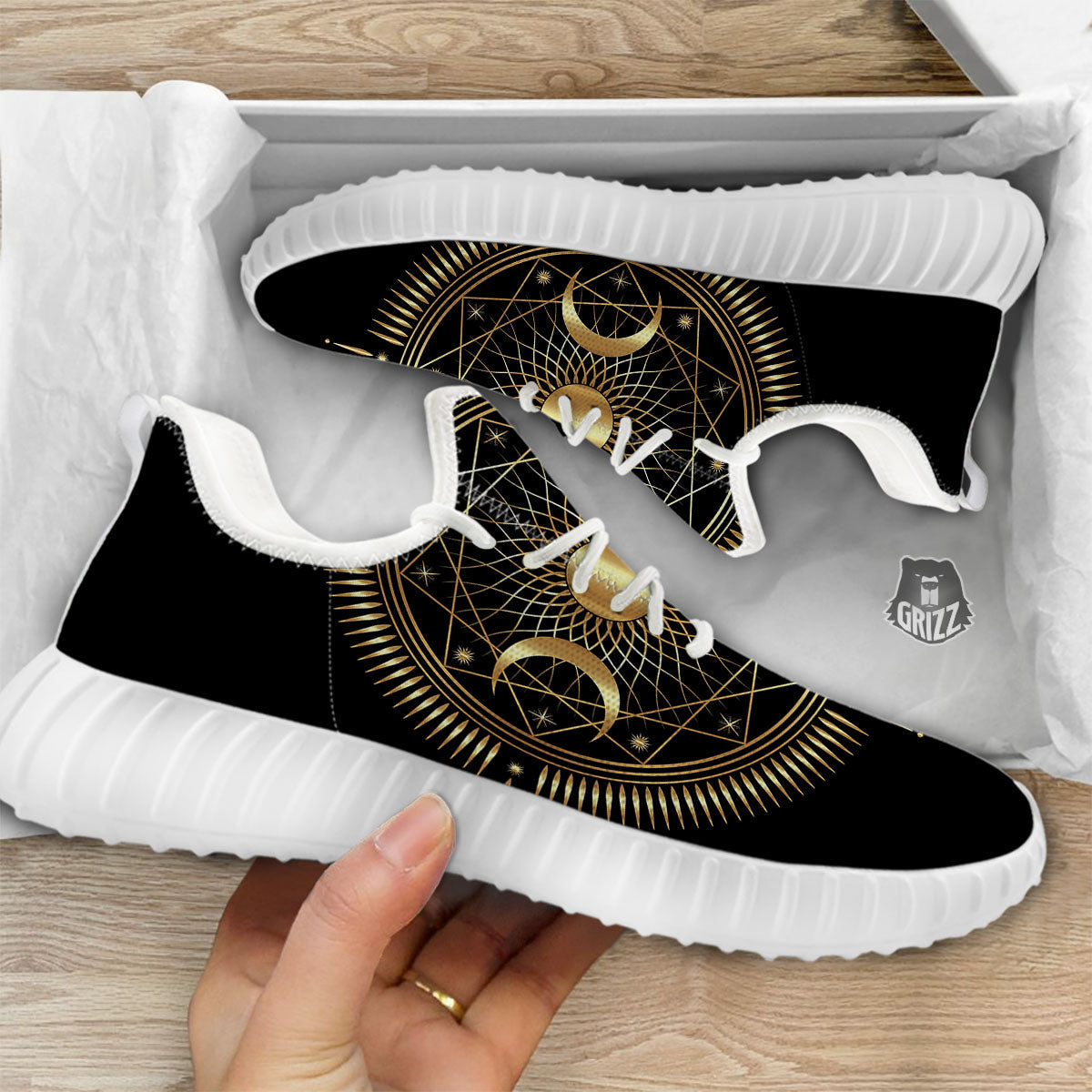 Sun And Moon Geometric Celestial Print White Walking Shoes-grizzshop