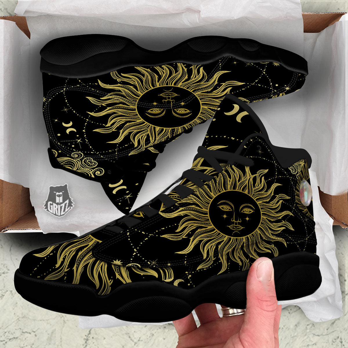Sun Celestial Vintage Print Black Basketball Shoes-grizzshop