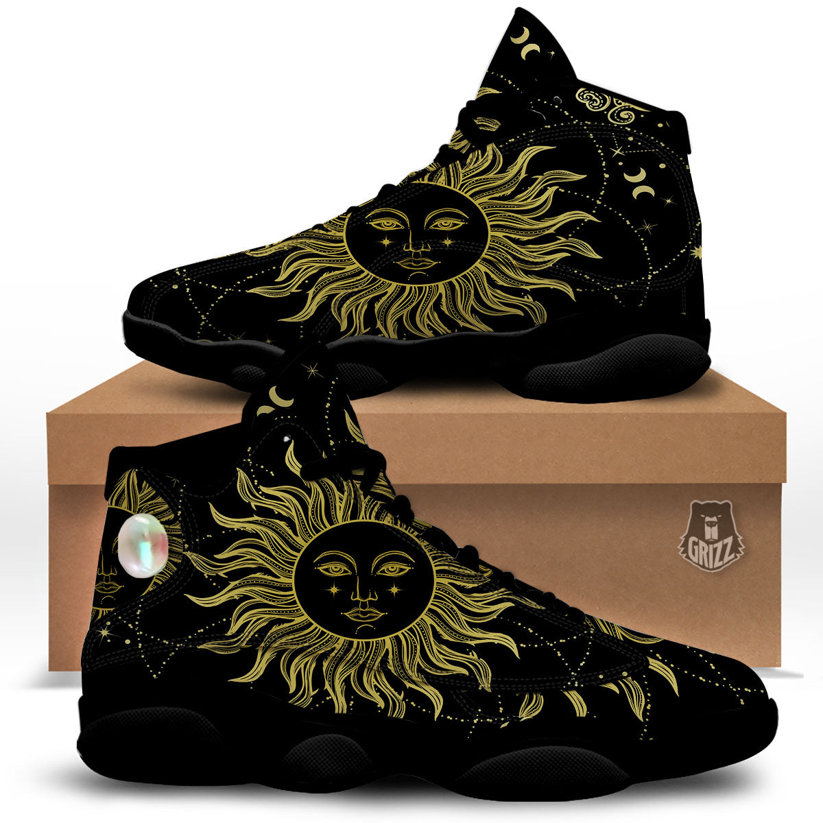 Sun Celestial Vintage Print Black Basketball Shoes-grizzshop