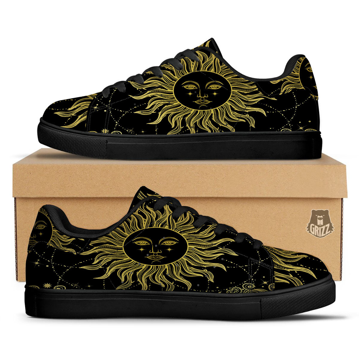 Sun Celestial Vintage Print Black Low Top Sneakers-grizzshop