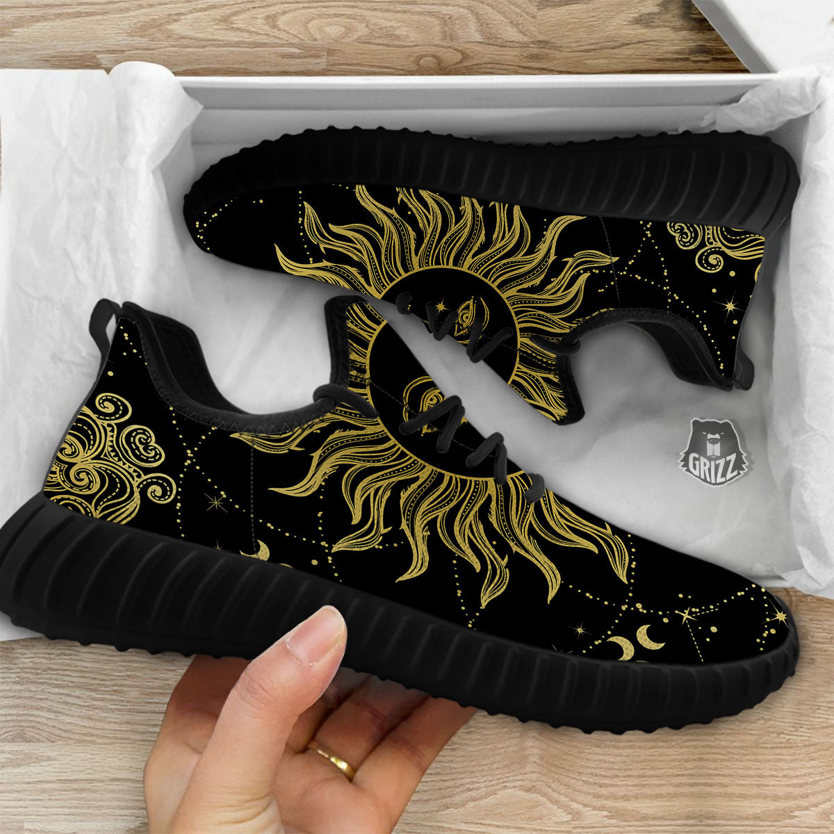 Sun Celestial Vintage Print Black Walking Shoes-grizzshop