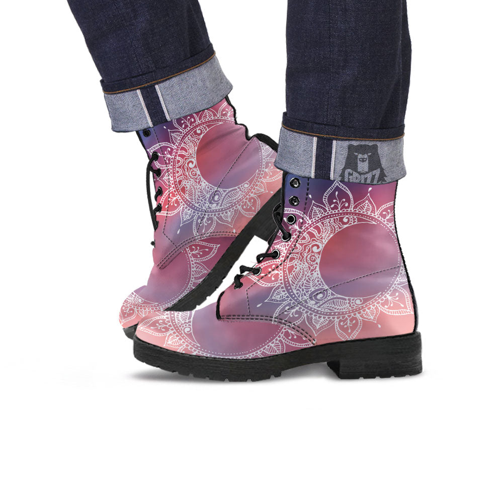 Sun Mandala Print Leather Boots-grizzshop