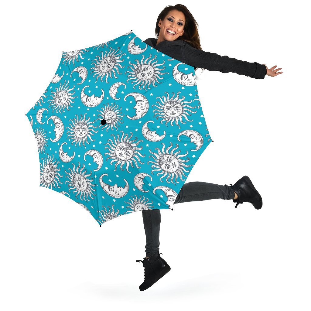 Sun Moon Blue Pattern Print Automatic Foldable Umbrella-grizzshop