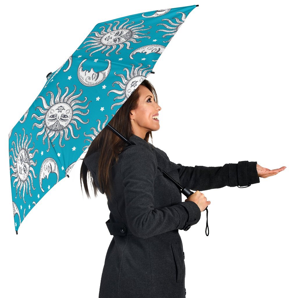 Sun Moon Blue Pattern Print Automatic Foldable Umbrella-grizzshop