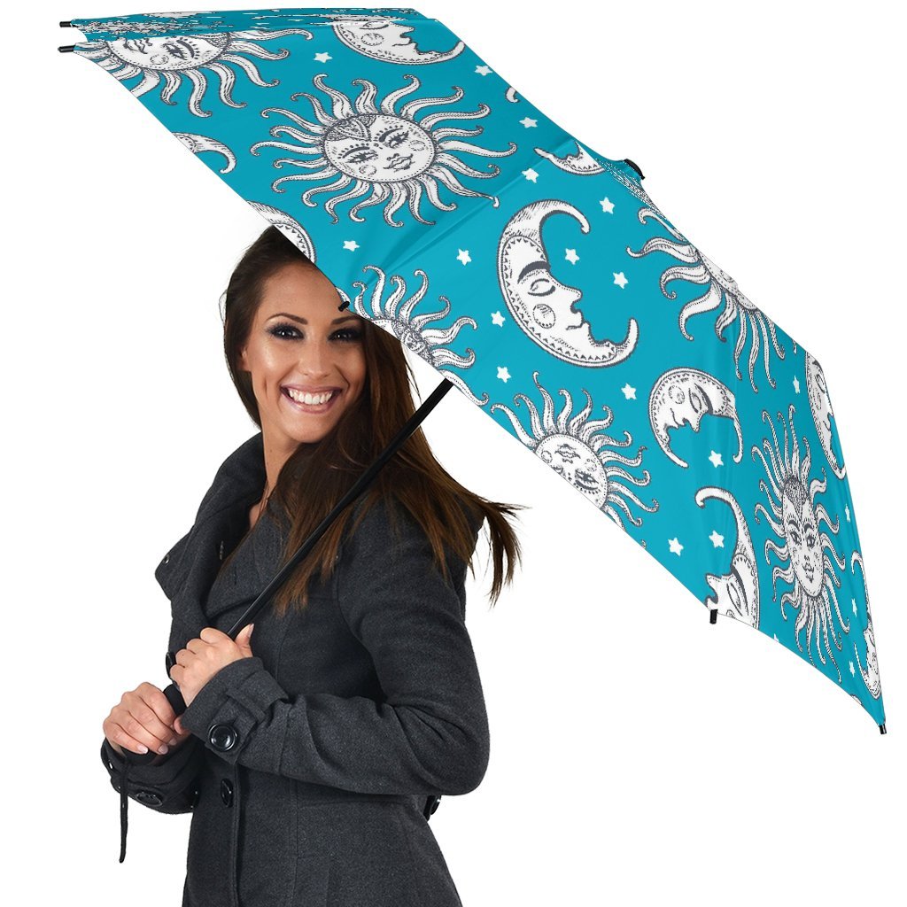 Sun Moon Blue Pattern Print Automatic Foldable Umbrella-grizzshop