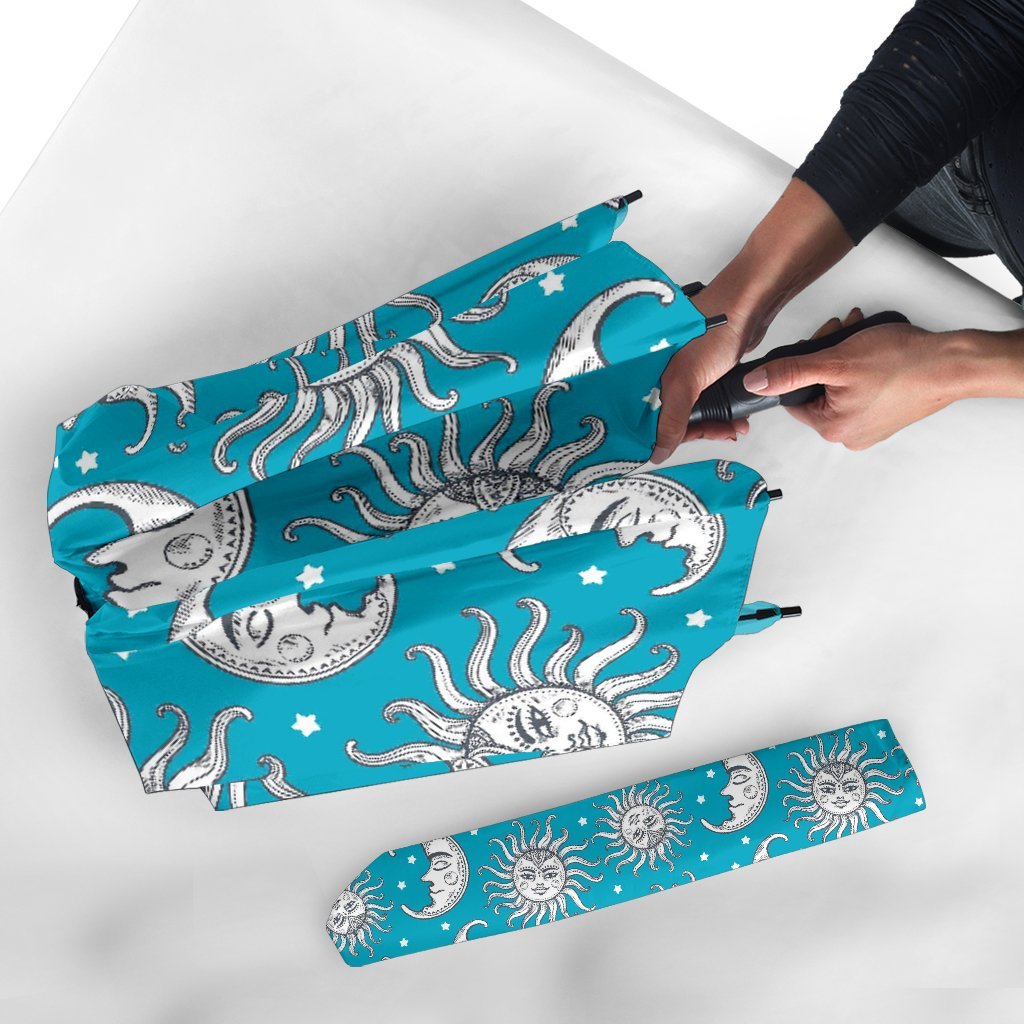 Sun Moon Blue Pattern Print Automatic Foldable Umbrella-grizzshop