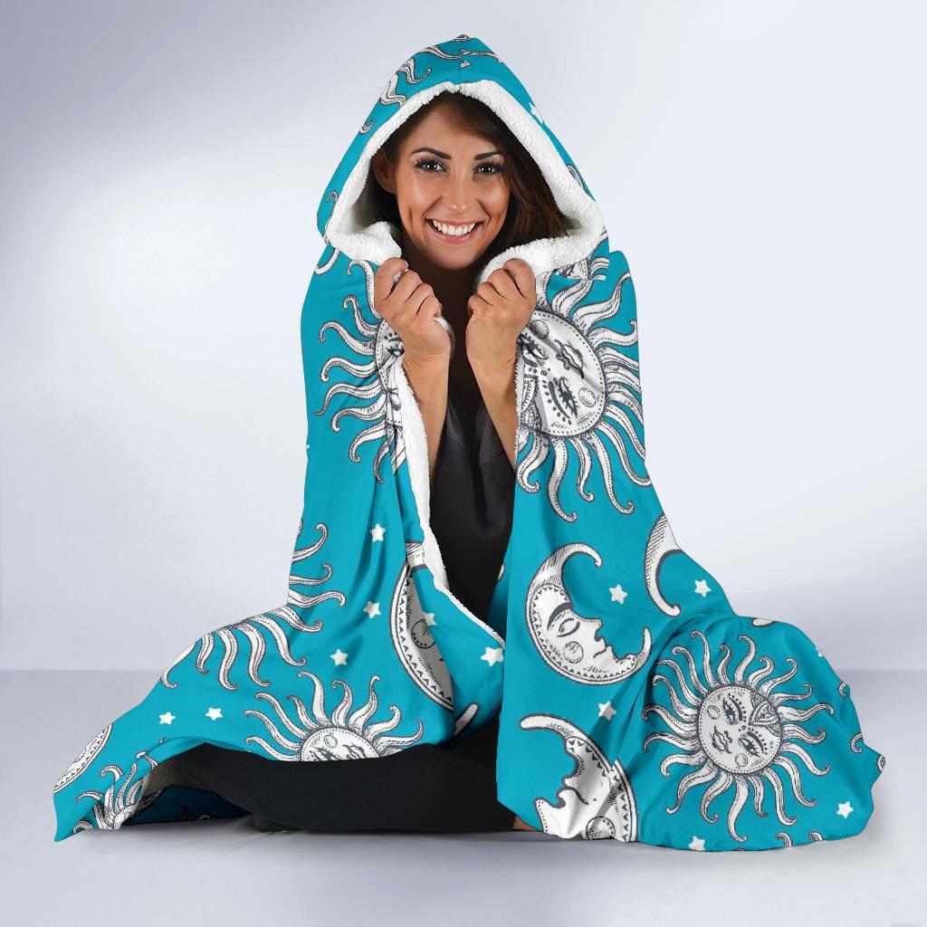 Sun Moon Blue Pattern Print Hooded Blanket-grizzshop