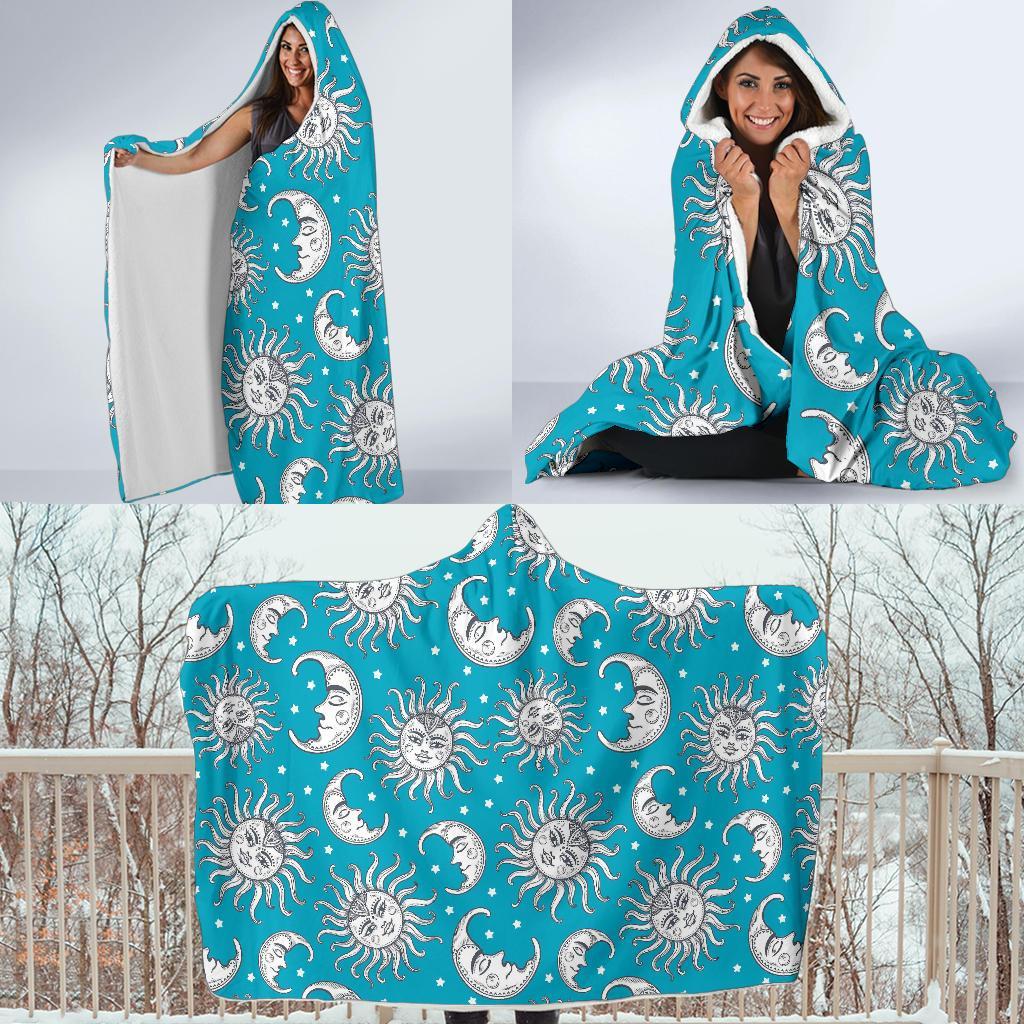 Sun Moon Blue Pattern Print Hooded Blanket-grizzshop