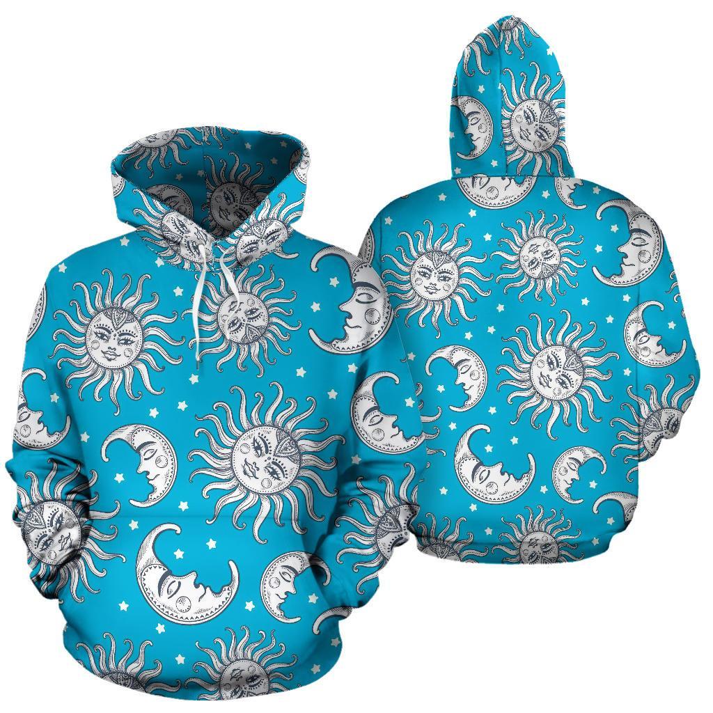 Sun Moon Blue Pattern Print Men Women Pullover Hoodie-grizzshop
