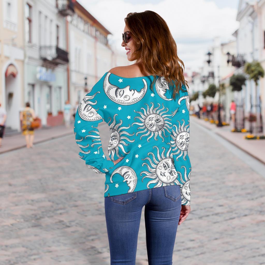 Sun Moon Blue Pattern Print Women Off Shoulder Sweatshirt-grizzshop