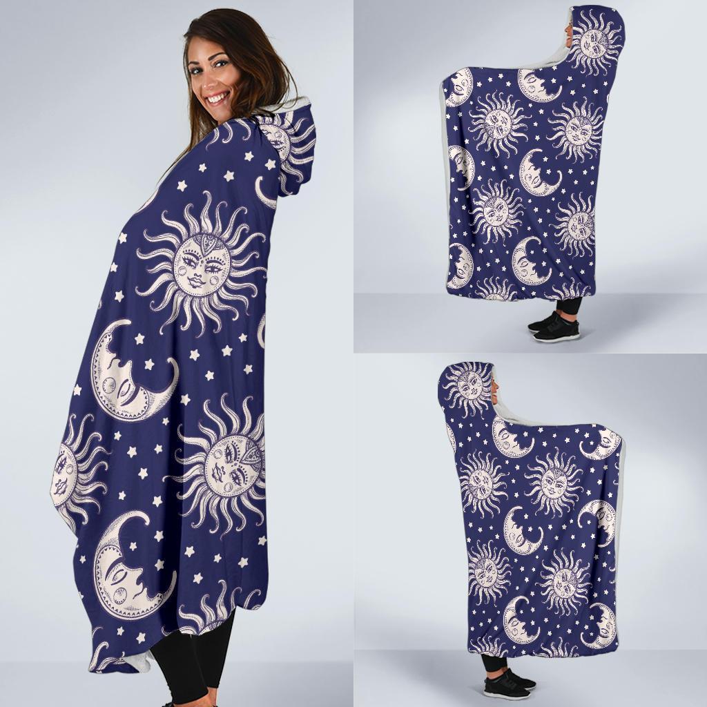 Sun Moon Celestial Pattern Print Hooded Blanket-grizzshop
