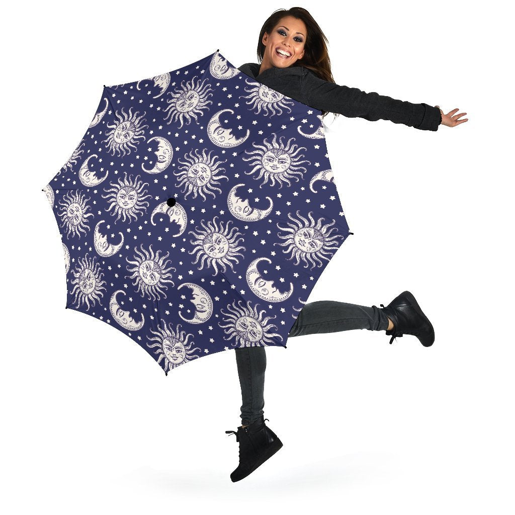 Sun Moon Pattern Print Automatic Foldable Umbrella-grizzshop
