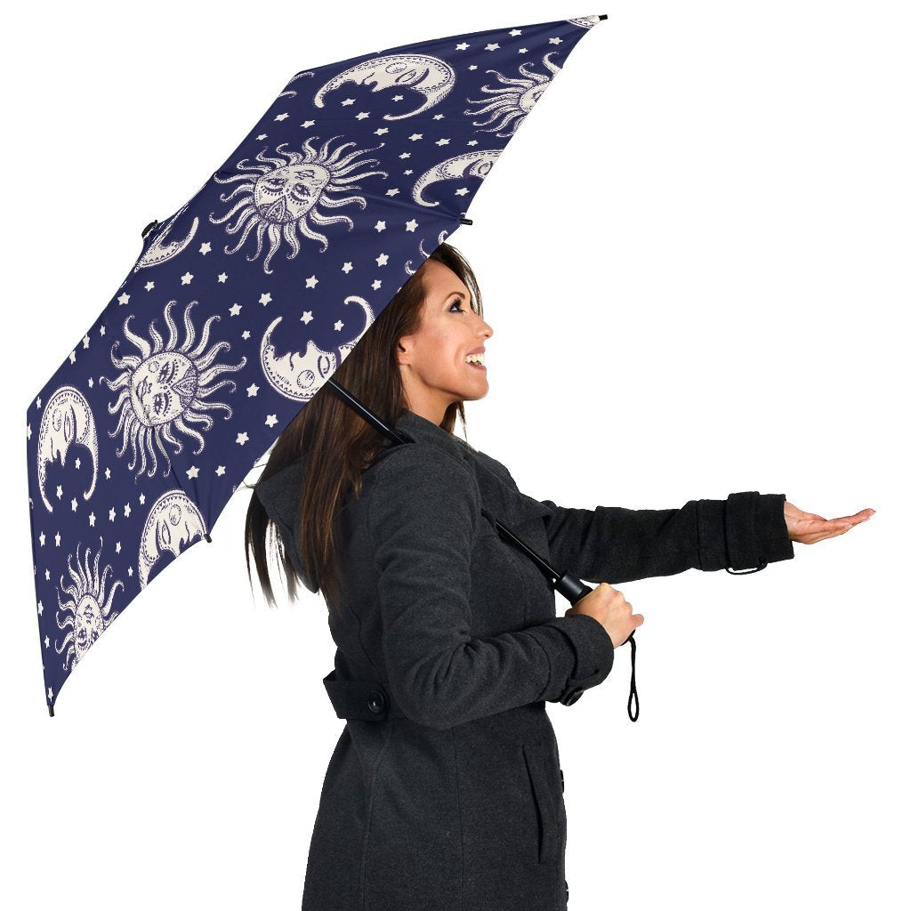 Sun Moon Pattern Print Automatic Foldable Umbrella-grizzshop