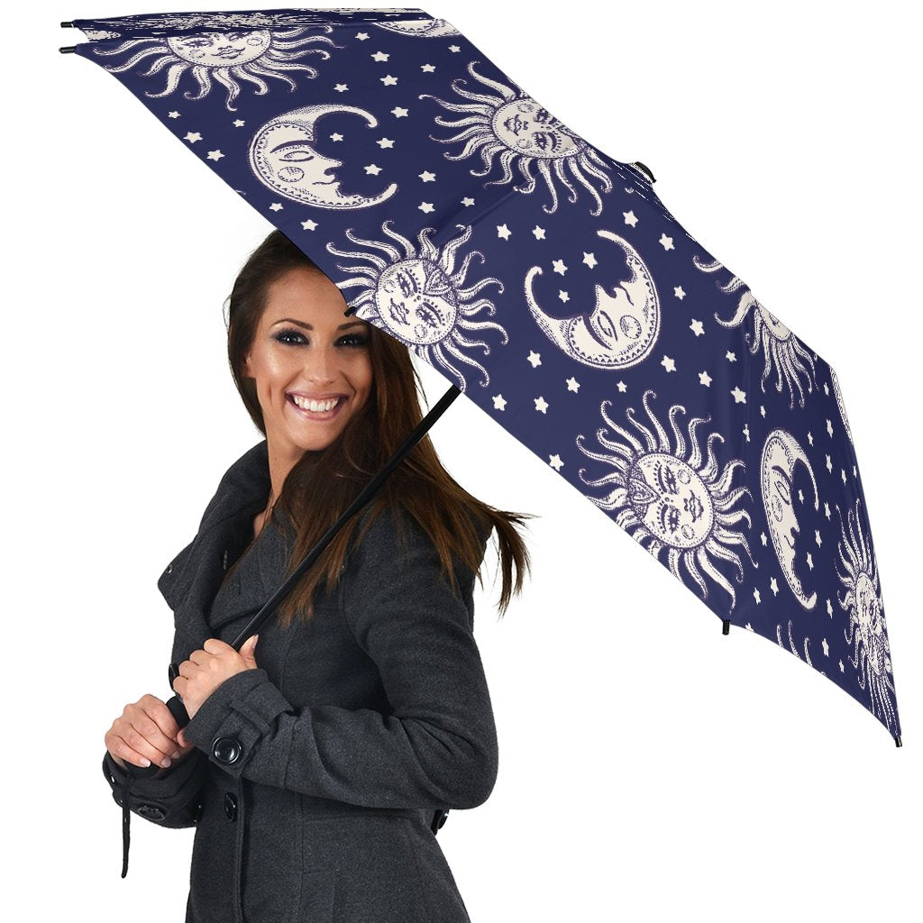 Sun Moon Pattern Print Automatic Foldable Umbrella-grizzshop