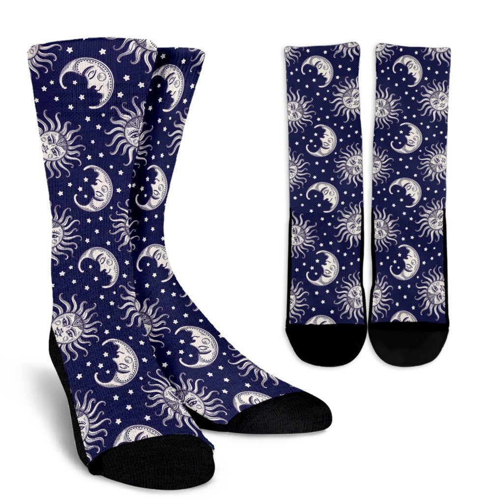 Sun Moon Pattern Print Unisex Crew Socks-grizzshop