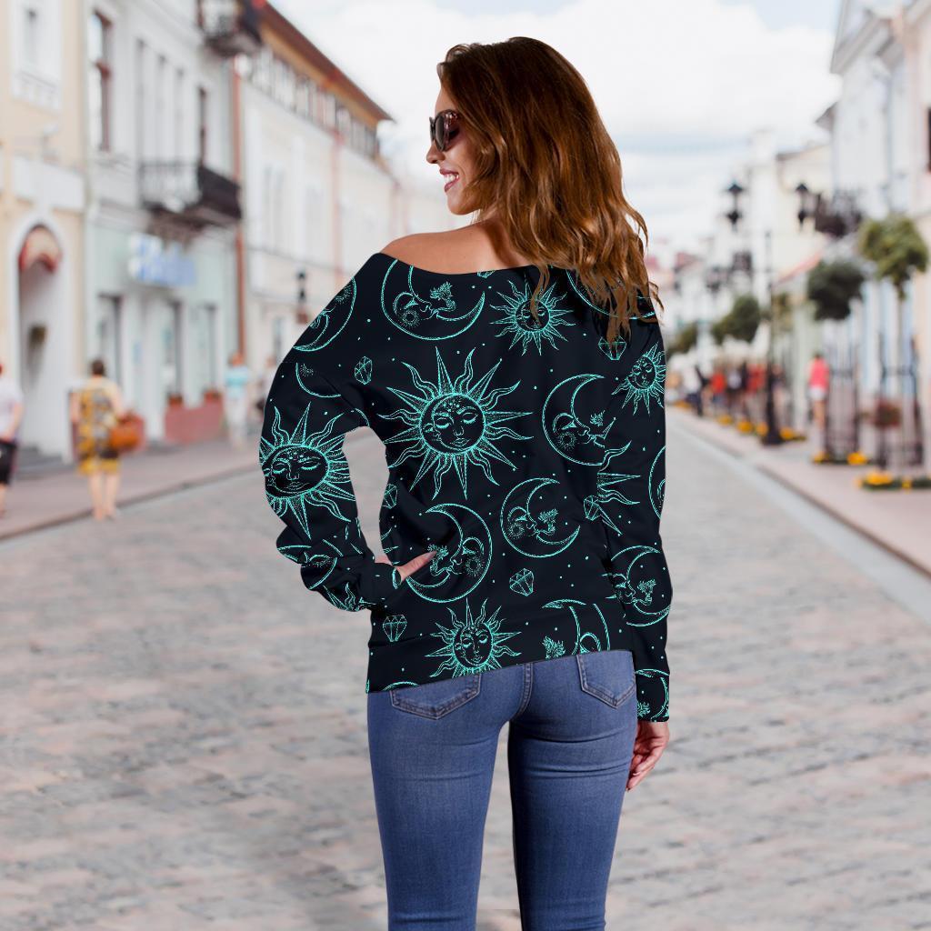 Sun Moon Print Pattern Women Off Shoulder Sweatshirt-grizzshop