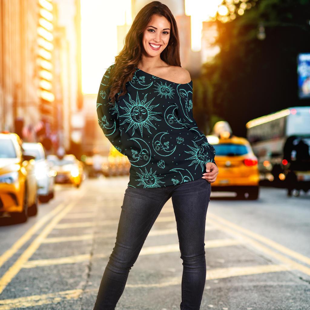 Sun Moon Print Pattern Women Off Shoulder Sweatshirt-grizzshop