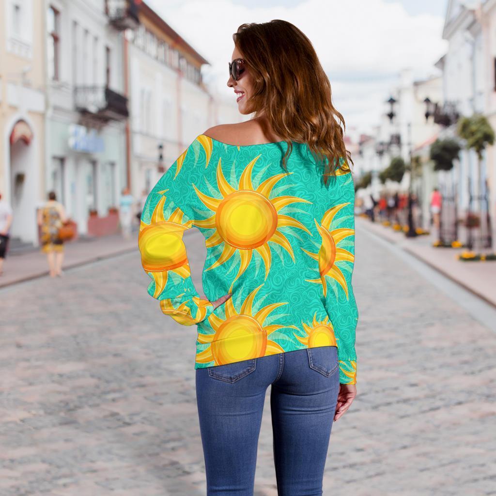 Sun Pattern Print Women Off Shoulder Sweatshirt-grizzshop