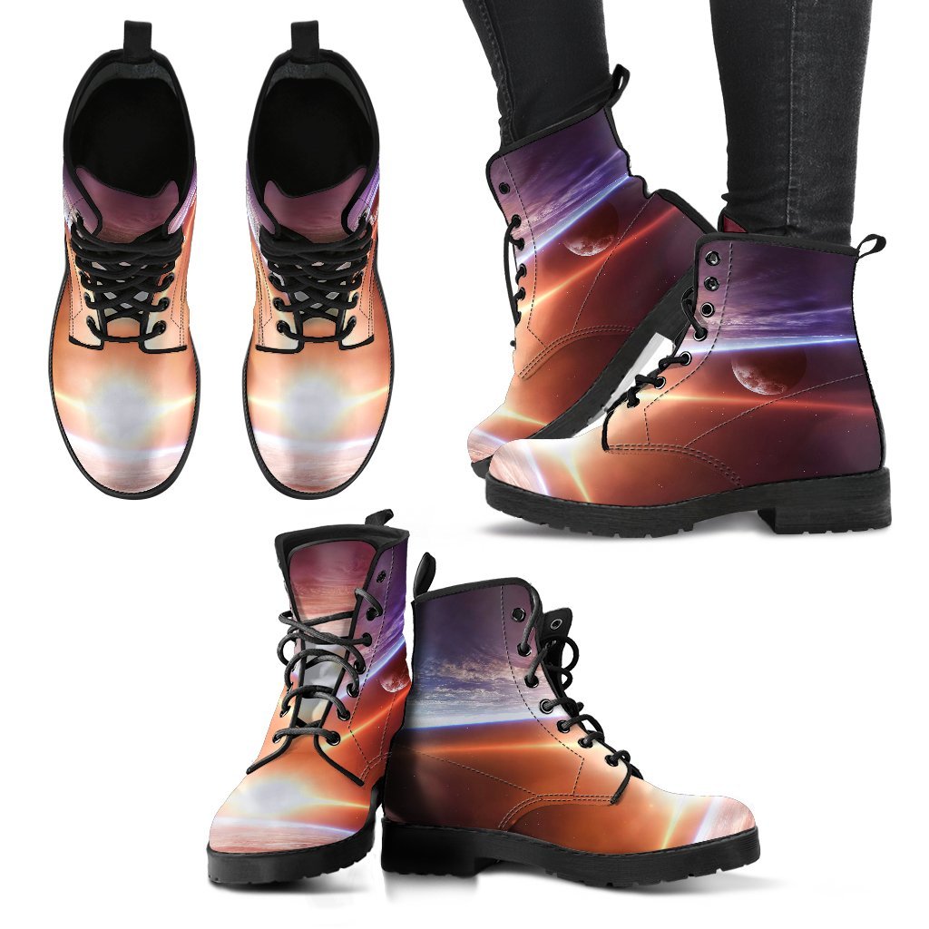Sun Galaxy Space Earth Print Men Women Leather Boots-grizzshop