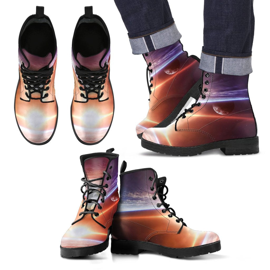 Sun Galaxy Space Earth Print Men Women Leather Boots-grizzshop