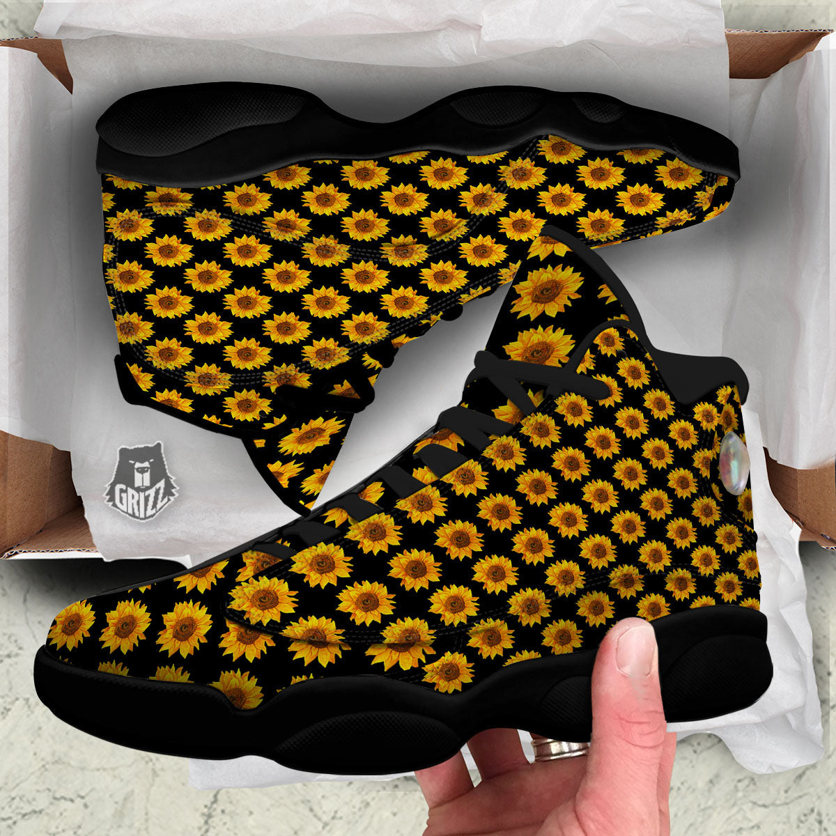 Sunflower Black Autumn Print Pattern Black Basketball Shoes-grizzshop