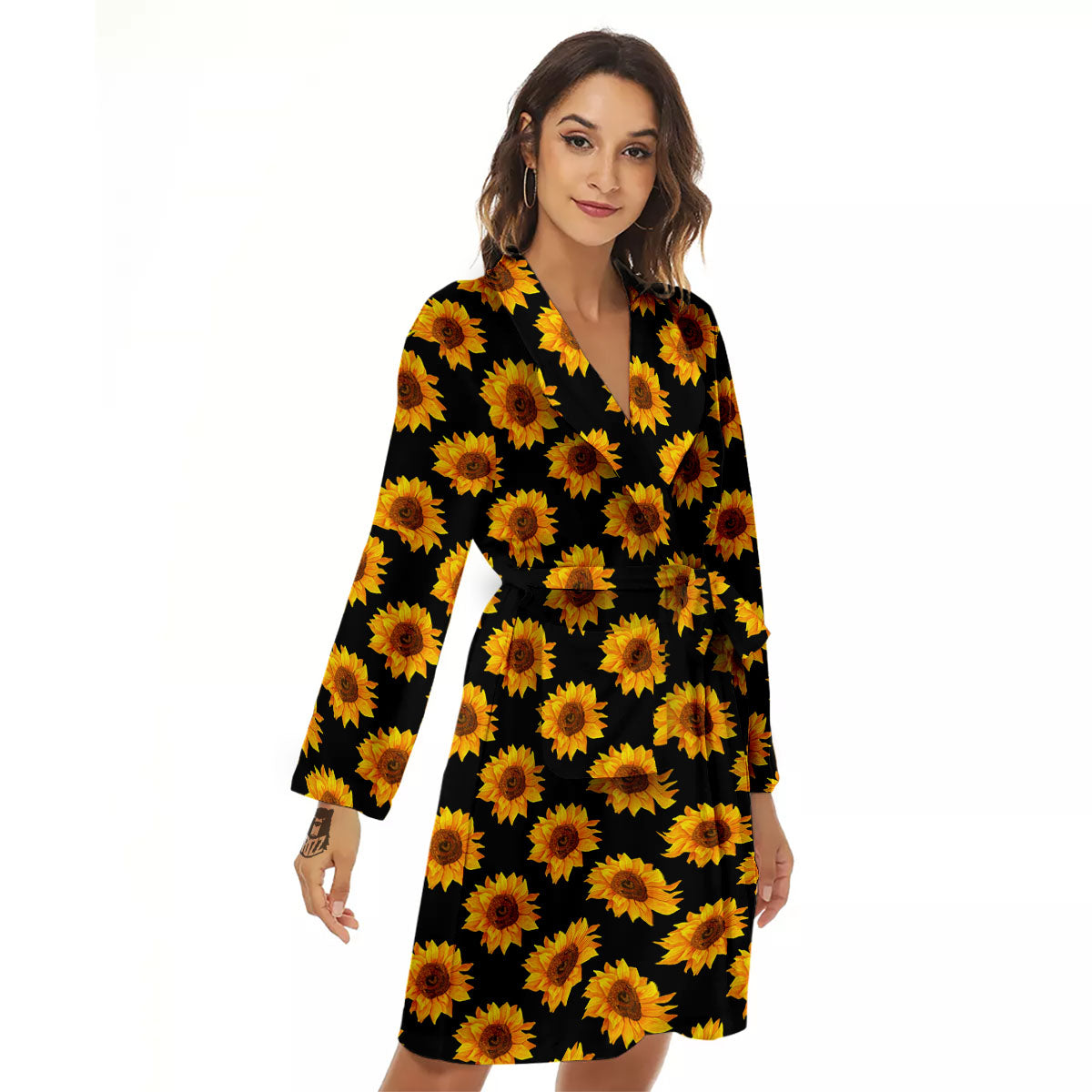 Sunflower Black Autumn Print Pattern Women's Robe-grizzshop