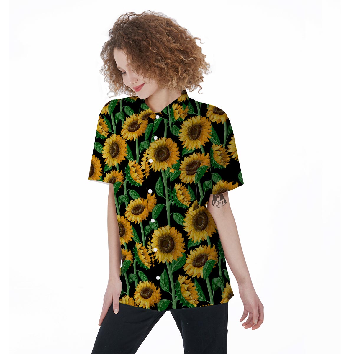 Sunflower Black Print Women's Short Sleeve Shirts-grizzshop