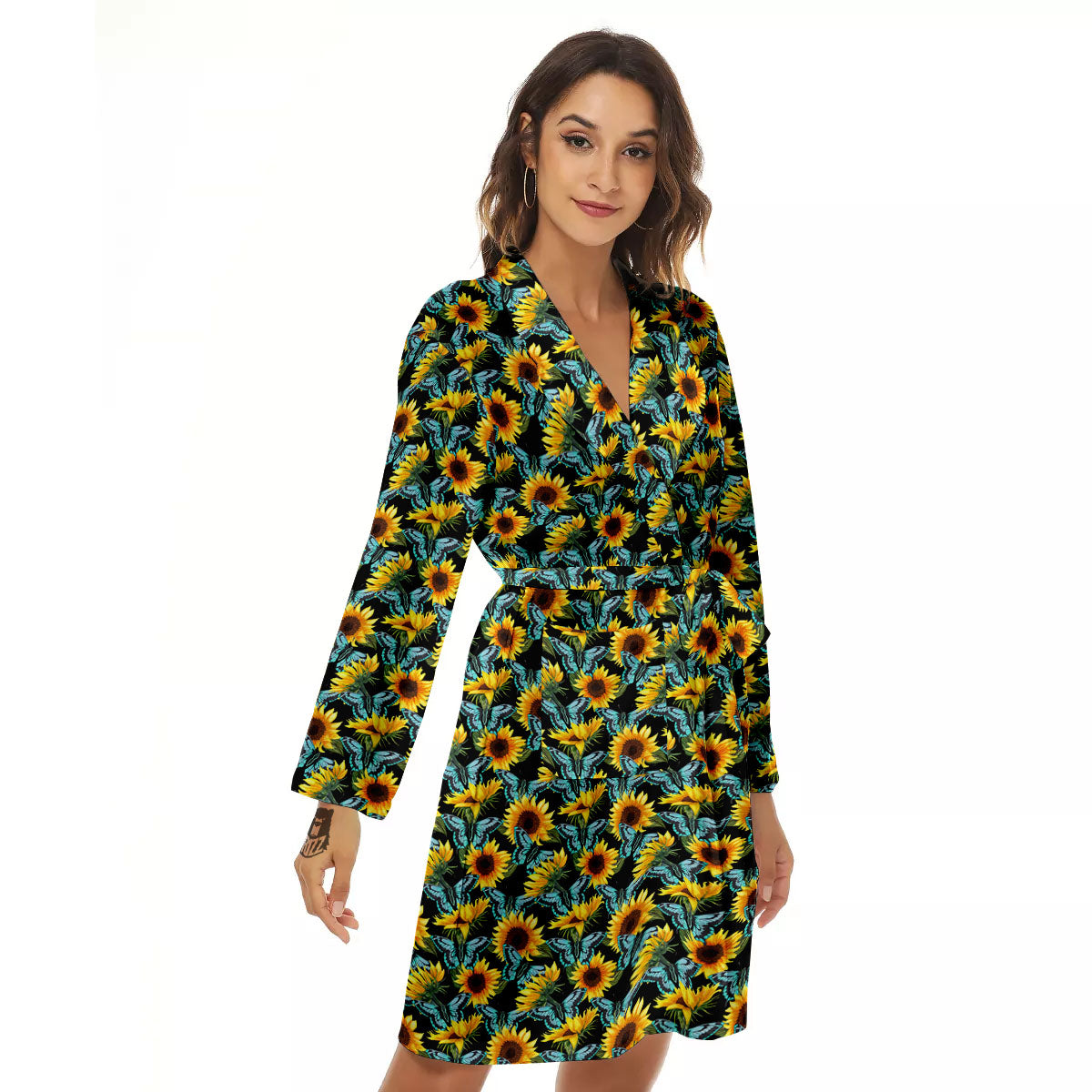 Sunflower Blue Butterfly Print Pattern Women's Robe-grizzshop