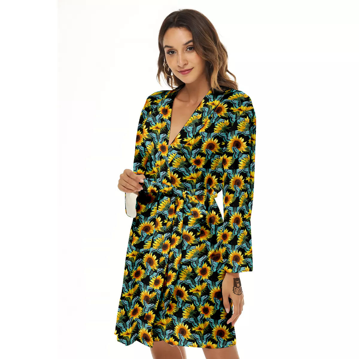 Sunflower Blue Butterfly Print Pattern Women's Robe-grizzshop