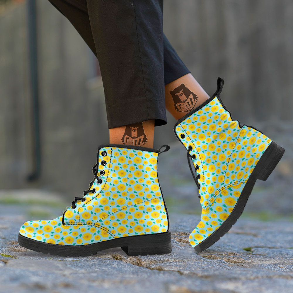 Sunflower Blue Cute Print Pattern Leather Boots-grizzshop