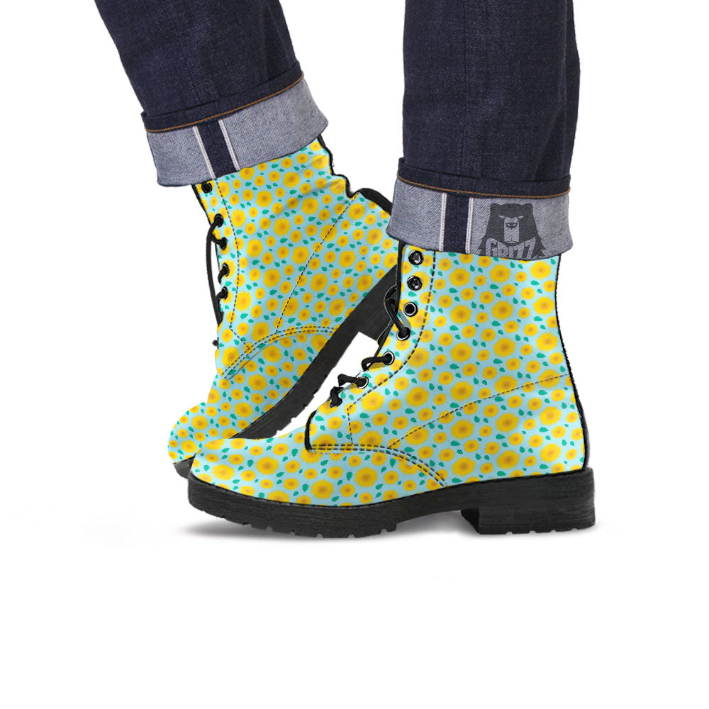 Sunflower Blue Cute Print Pattern Leather Boots-grizzshop