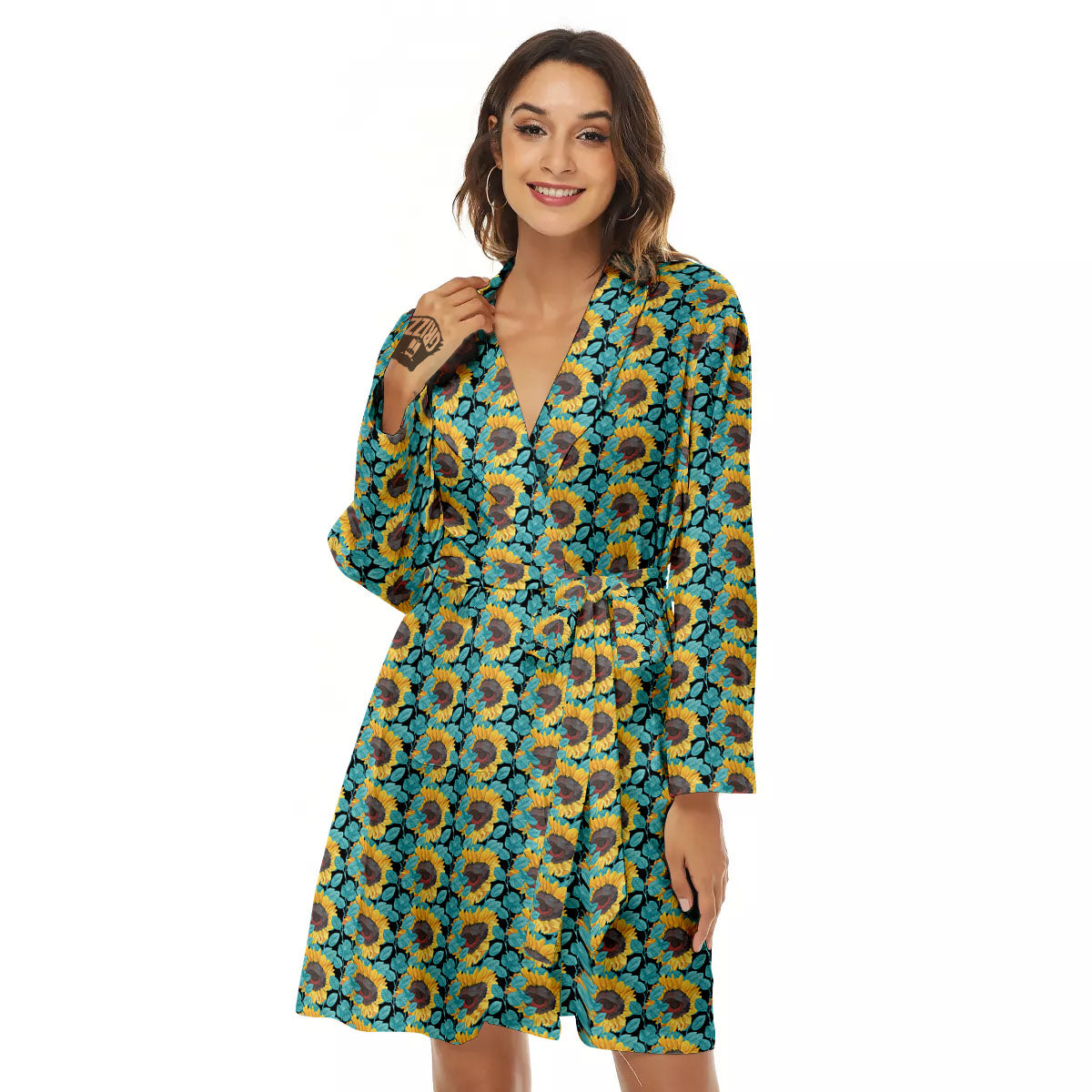 Sunflower Blue Print Pattern Women's Robe-grizzshop