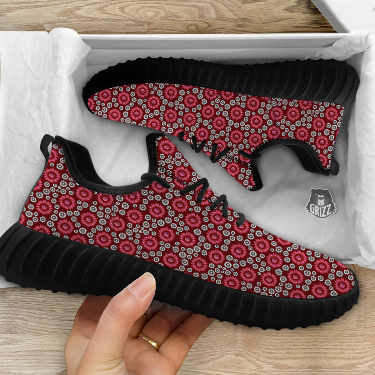 Sunflower Burgundy Print Pattern Black Walking Shoes-grizzshop