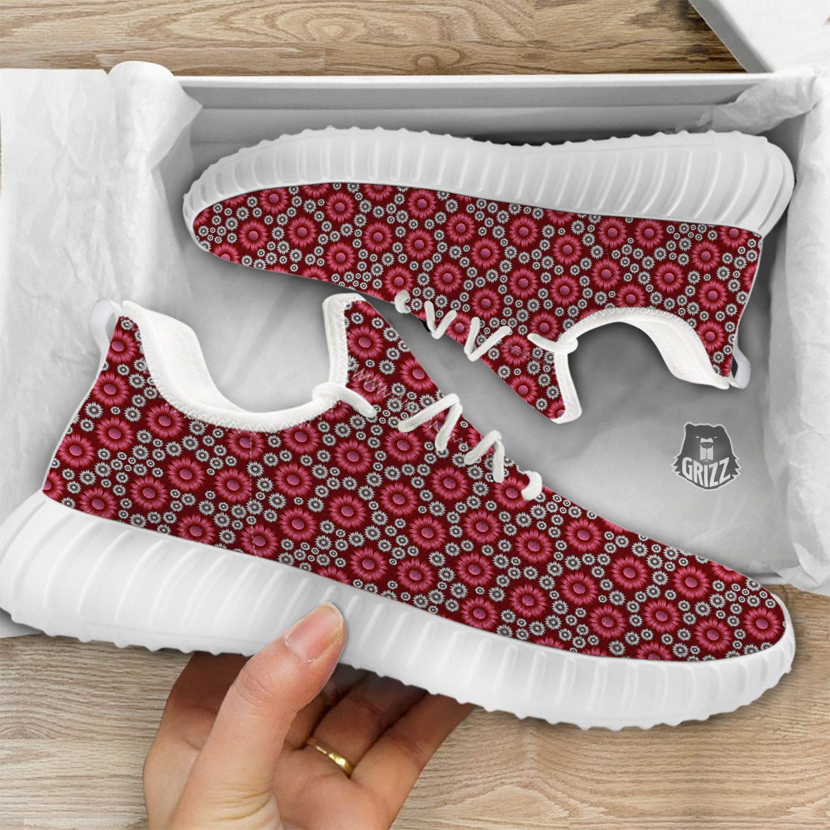 Sunflower Burgundy Print Pattern White Walking Shoes-grizzshop