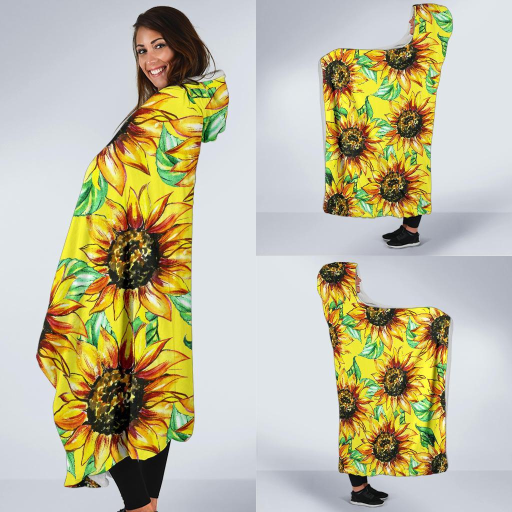Sunflower Cartoon Pattern Print Hooded Blanket-grizzshop