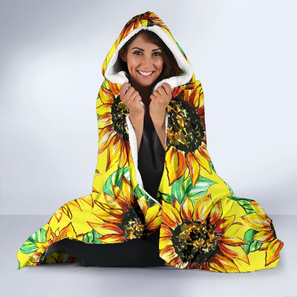 Sunflower Cartoon Pattern Print Hooded Blanket-grizzshop