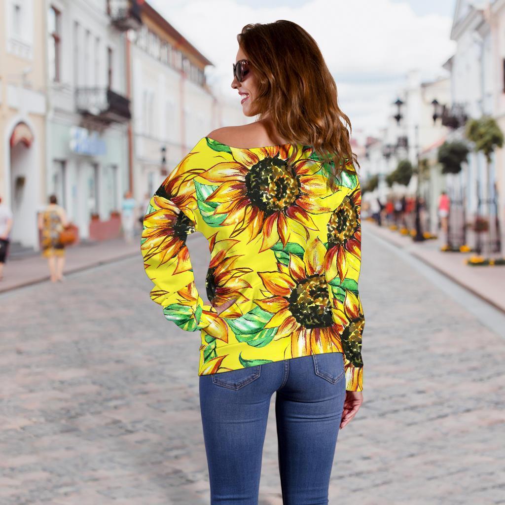 Sunflower Cartoon Pattern Print Women Off Shoulder Sweatshirt-grizzshop